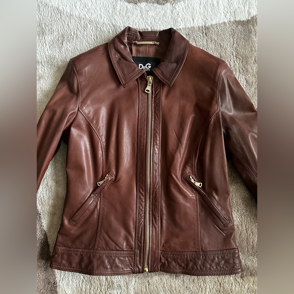 D&G by Dolce and Gabbana Brown Lambskin Genuine Leather Jacket Size 42 US size 6